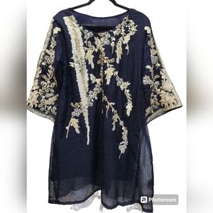 Navy Midi Dress with Gold Floral Embroidery